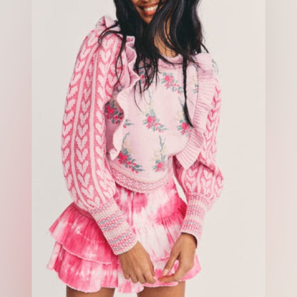 Love Shack Fancy Warwick Sweater Pink Floral & Heart Small